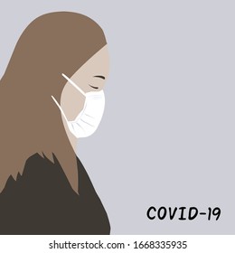 La mujer de la ilustración plana vectorial se enfrenta en la máscara de protección contra virus, coronavirus en fondo gris. Para tarjetas, carteles, publicaciones en medios sociales. EPS10
