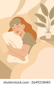 Ilustração plana vetor, mulher dormindo profundamente na cama com máscara abraçando seu travesseiro. Paleta suave quente. Cena de autocuidado, relaxamento, bom sono saudável. Para a saúde da mulher, projetos psicológicos