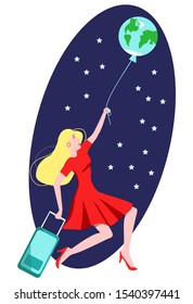 Vector flat illustration woman flying on ball in form of globe of Earth. She holds Luggage bag. It can be used in booklets, banners, business cards, postcards, etc. with tourist and other concept.