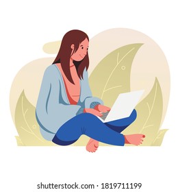 Vector flat illustration. Woman in front of a laptop. New normal, meeting with family and friends via video link. Abstract background with leaves.
