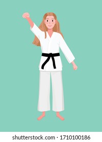 Vector flat illustration of woman with hand raised clenched in fist in kimono. Сombat training clothes for girls. Fight like a girl. Martial arts. Taekwondo, judo, karate training uniform. Female. 