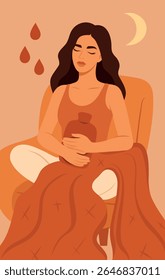 Vector flat illustration of woman with heating pad on her stomach and blanket relaxing in chair. Symbol of cycle, menstrual pain, hormones, comfort and self-care. Use for women's projects and health