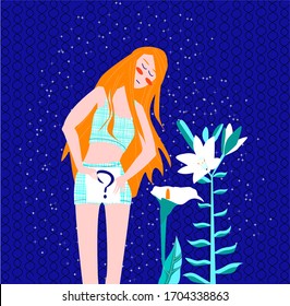 Vector flat illustration woman holding piece paper with question mark drawn on it at waist level. Concept of gynecological diseases, gender testing, definition pregnancy.