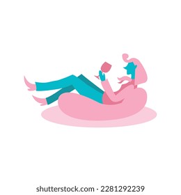 Vector Flat illustration of woman lie on the sofa, relax and drink wine. Vector living room with girl. Young female lying on the couch, relaxing and drink cocktail. Recreation. Relaxation.