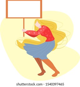 Vector flat illustration with woman on display holding blank placard. She is depicted in motion. Protest of peace, freedom, voice. There is space for text on the banner.
