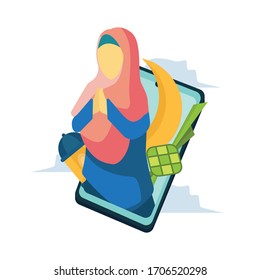 Vector flat illustration. woman on smartphone. social distanching, to say happy eid fitri by phone use for information, social distancing, or etc