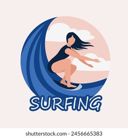 Vector flat illustration of woman on surfboard in summer at sea.