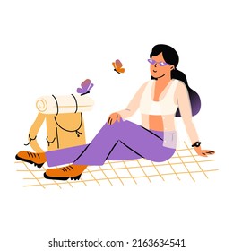 Vector flat illustration of a woman outdoor with backpack resting in a park, butterflies flying around