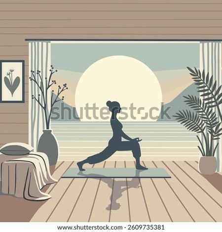 Vector flat illustration of a woman practicing yoga at home during sunrise. Peaceful interior, soft tones, natural light and calm atmosphere. Concept of healthy lifestyle and inner balance.