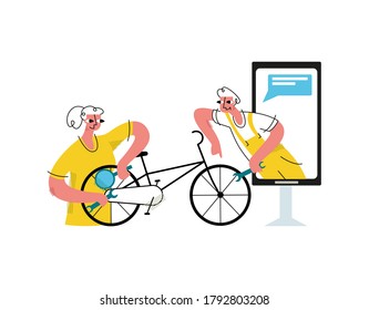 Vector flat illustration woman repairing Bicycle. It helps in this online repair application. It can be used in web design, banners, business cards, etc.