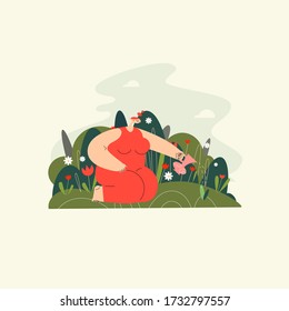 Vector flat illustration of a woman sitting on her lap in the garden and watering flower