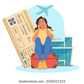 Ilustração plana vetorial de uma mulher sentada em sua mala, olhando estressada e chateada, representando o conceito de perder um voo. Aeroporto, cartão de embarque e ícone de avião em segundo plano.