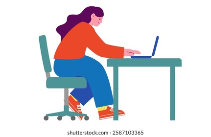 Vector flat illustration of a woman sitting on a chair operating a laptop computer. Image of working, studying or doing desk work.