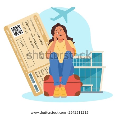 Vector flat illustration of a woman sitting on her suitcase, looking stressed and upset, representing the concept of missing a flight. Airport, boarding pass, and airplane icon in background.