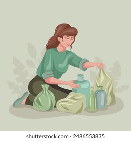 Ilustración plana de Vector de la mujer que clasifica la basura plástica. Arte conceptual en colores verdes con hojas. Cero residuos y reciclaje. Estilo de vida ecológico. Eco activista