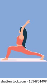 Vector flat illustration of woman stretches in yoga Virabhadrasana Asana, makes pranayama exercise. Concept of sport, healthy lifestyle