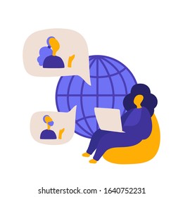 Vector flat illustration with woman studying and watching video. Female character watching video webinar online. Self education, e-learning, distance studying, skills development concept