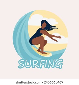 Vector flat illustration of a woman in a swimsuit on a surfboard in the summer at the sea.