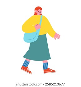 Vector flat illustration of a woman traveling. Woman in casual style walking happily.