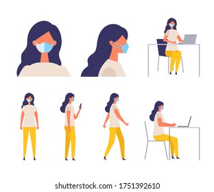Vector flat illustration of the woman wearing a surgical mask. The illustration for the topic of coronavirus, flu and cold. Vector illustration in flat style.