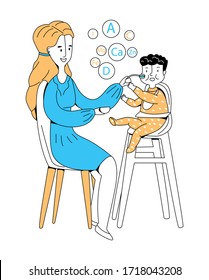 Vector flat illustration woman who is feeding her small child with spoon. Top shows microelements and vitamins that are necessary for baby. Concept proper introduction of complementary foods.