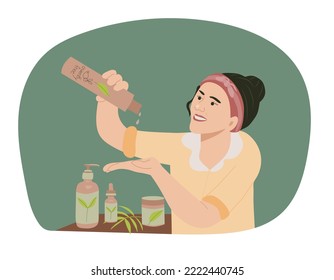 Vector flat illustration with woman who uses cream for face. lady holds eco friendly lotion. Concept natural, cruently free, herbal cosmetics, skin care products, phytotherapy.