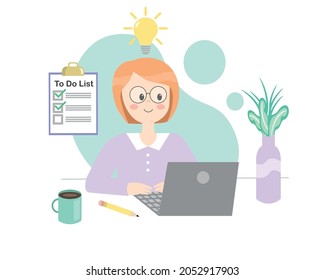 Vector flat illustration of a woman working in office. Home office concept, woman working from home, student or freelancer. Cute vector illustration in flat style. To do list, laptop, coffee mug, vase