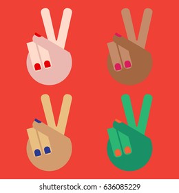 Vector flat illustration of woman's hands in peace gesture set.