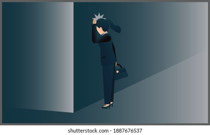 vector flat illustration of women business leaning their heads against a wall