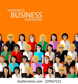 Vector Flat  Illustration Of Women Business Community. A Large Group Of Women (business Women Or Politicians).  Summit Or Conference Family Image