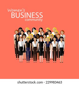 vector flat  illustration of women business community. a large group of women (business women or politicians).  summit or conference family image