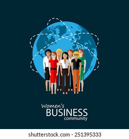 vector flat illustration of women business community. a group of women (business women or politicians). summit or conference family image. global business concept 