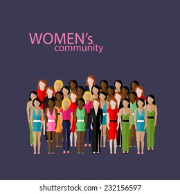 vector flat  illustration of women community with a large group of girls and women. feminist concept