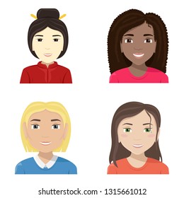Vector flat illustration of women of different nationalities. Diversity.