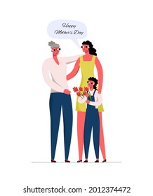 Vector flat illustration with women of different generations, elderly, children, adult. Everyone congratulates each other, Grandma. Concept World Women s Day. It can be used in postcards, banners, etc