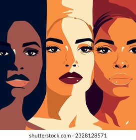 Vector flat illustration of women face for International Women's Day strong women of different cultures and nationalities stand side by side together. Vector concept