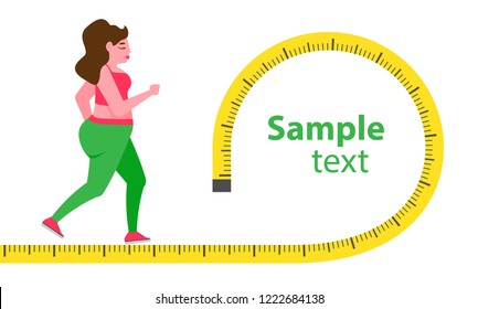 Vector flat illustration. Women grows thin. Fat woman thinks how to lose weight. Slimming. A young girl is running. Sport. Overweight. Weight loss concept.  Blank space for your content, template.