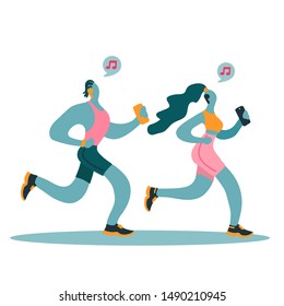 Vector flat illustration with women and men with a device. Couple running  and listening music in headphones. Modern woman and man use a mobile device. Concept of modern young people use their smartph