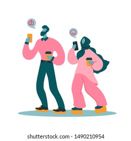 Vector flat illustration with women and men with a device. Modern woman and man use a mobile device. Couple walking and send messages. Concept of modern young people use their smartphones