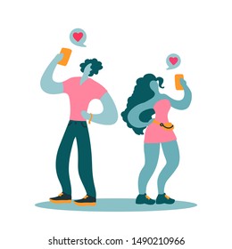 Vector flat illustration with women and men with a device. Modern woman and man use a mobile device. Couple walking and send messages. Concept of modern young people use their smartphones