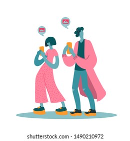 Vector flat illustration with women and men with a device. Modern woman and man use a mobile device. Couple walking and send messages. Concept of modern young people use their smartphones