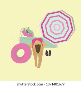 Vector flat illustration. Women sitting on blanket at summer resort. Inflatable ring, umbrella, bag.