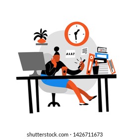 Vector flat illustration of women sitting in office and watching phone. Procrastination. Isolated on white
