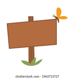 Vector flat illustration of wooden signboard with insect. Road direction sign icon. Wood board isolated on white background. 
