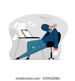 Vector flat illustration with worker, businessman, manager tired at workplace in office. Concept burnout syndrome, planning, fatigue, abnormal working hours. It can be used in web design, banners.