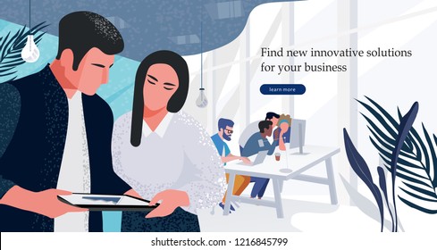 Vector flat illustration of workflow in the office, a group of businessmen working at the computer, and another part of marketers discussing marketing solutions and business plans.