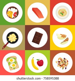 Vector flat illustration with workout meals. Healthy food lifestyle.