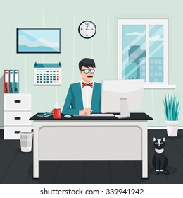 Vector flat illustration. Workplace concept. Modern office interior