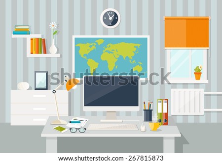 Vector flat illustration. Workplace concept. Modern home office interior