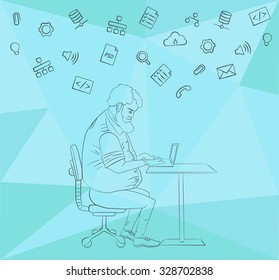 Vector flat illustration of workplace and coworking. Social network and community concept. Designer and internet layout. Cloud technology and services in line style icon. Character man in hackathon